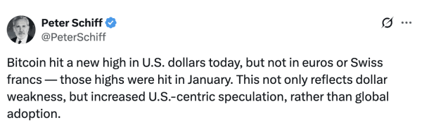 Peter Schiff: Bitcoin Price Record Highlights US Dollar Weakness