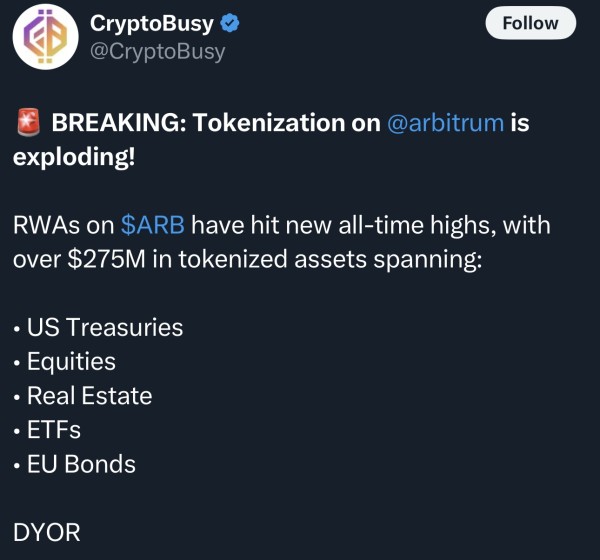 Arbitrum Price Jumps 25% As Institutions Bet on Tokenized Assets Arbitrum Price Jumps 25% As Institutions Bet on Tokenized Assets