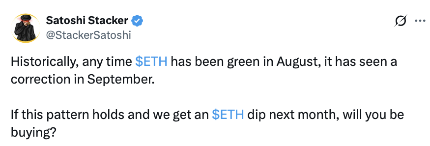 Ether’s August rally could lead to September downtrend, history suggests