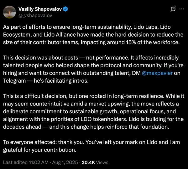 Lido wants to reduce its contributor teams’ workforce by 15%