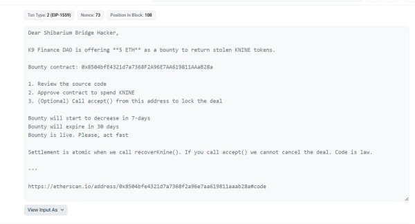K9 Finance offers $23K bounty after $2.4M Shibarium exploit