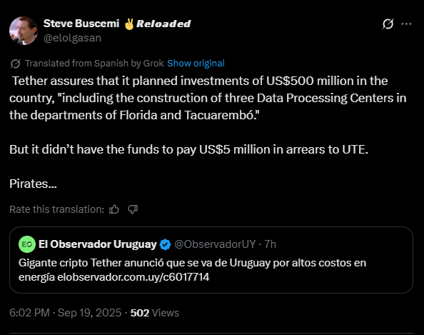 Tether’s Uruguay Mining Plans Hit Setback Amid Energy Dispute