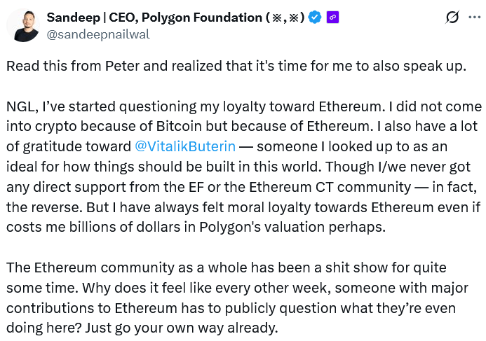 Polygon boss says he's been 'questioning his loyalty' toward Ethereum Polygon boss says he's been 'questioning his loyalty' toward Ethereum
