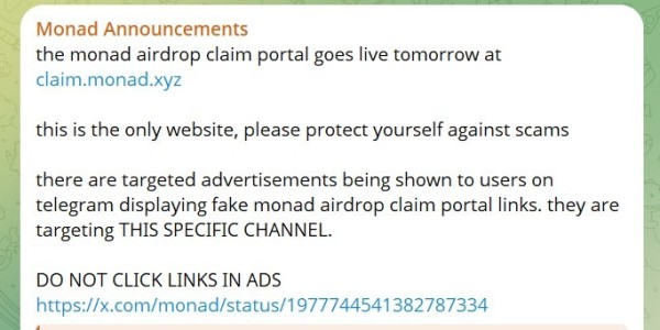 Monad co-founder flags Telegram ad scam in official channel ahead of airdrop Monad co-founder flags Telegram ad scam in official channel ahead of airdrop