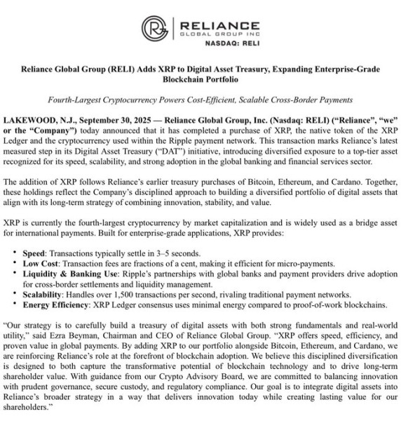 Reliance Group Buys $17M Worth of XRP for Treasury, Expert Says Move Could Go Beyond Investment
