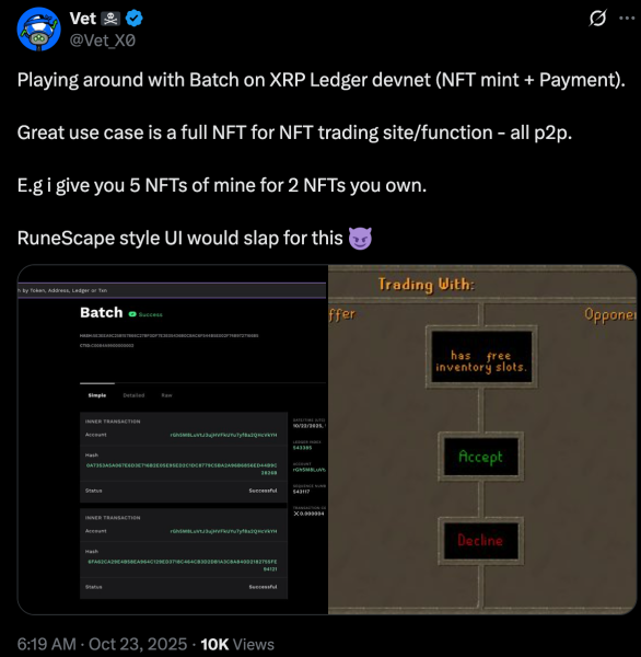 XRP Ledger Validator Sees NFT-to-NFT Trading Potential in Proposed 'Batch' Amendment