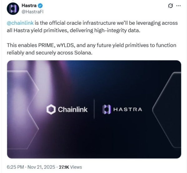 Hastra Taps Chainlink to Support Yield Products Amid $19B+ Equity Backing From Figure