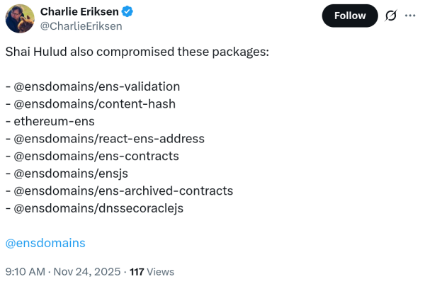 New NPM supply-chain attack compromises major ENS and crypto libraries New NPM supply-chain attack compromises major ENS and crypto libraries